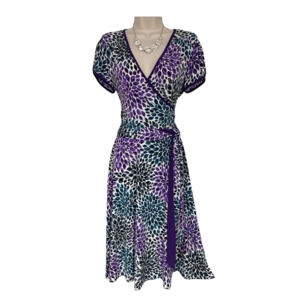 Donna Morgan 90s Faux Wrap Dress Ruched Floral Petals A-line Tie 8